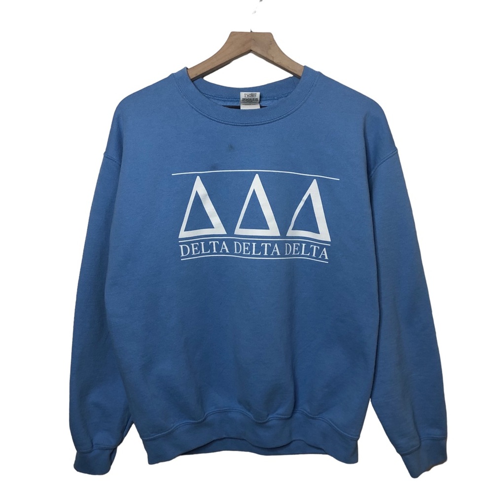 Gildan Light Blue White Cotton-Blend Tri Delta Sorority Crewneck Pullover